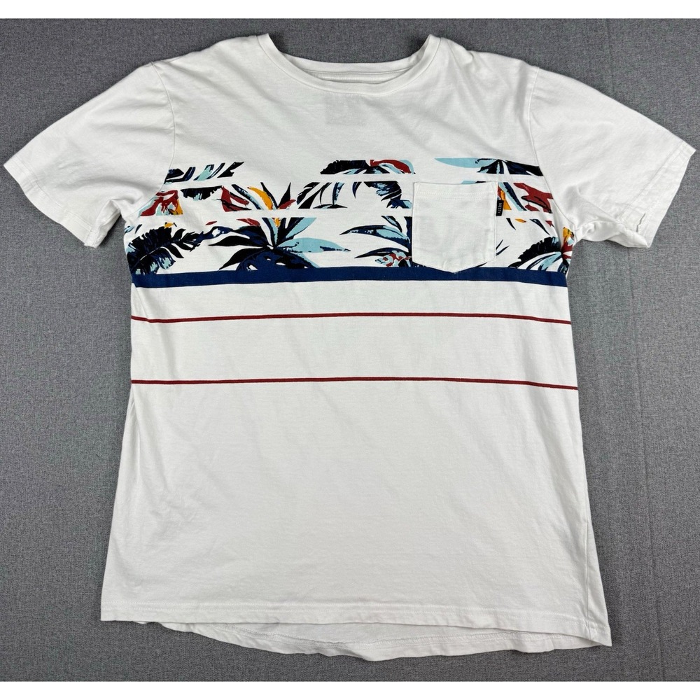 Westy W Mens Medium Tropical Pocket T Shirt White Striped Floral Casual Tee